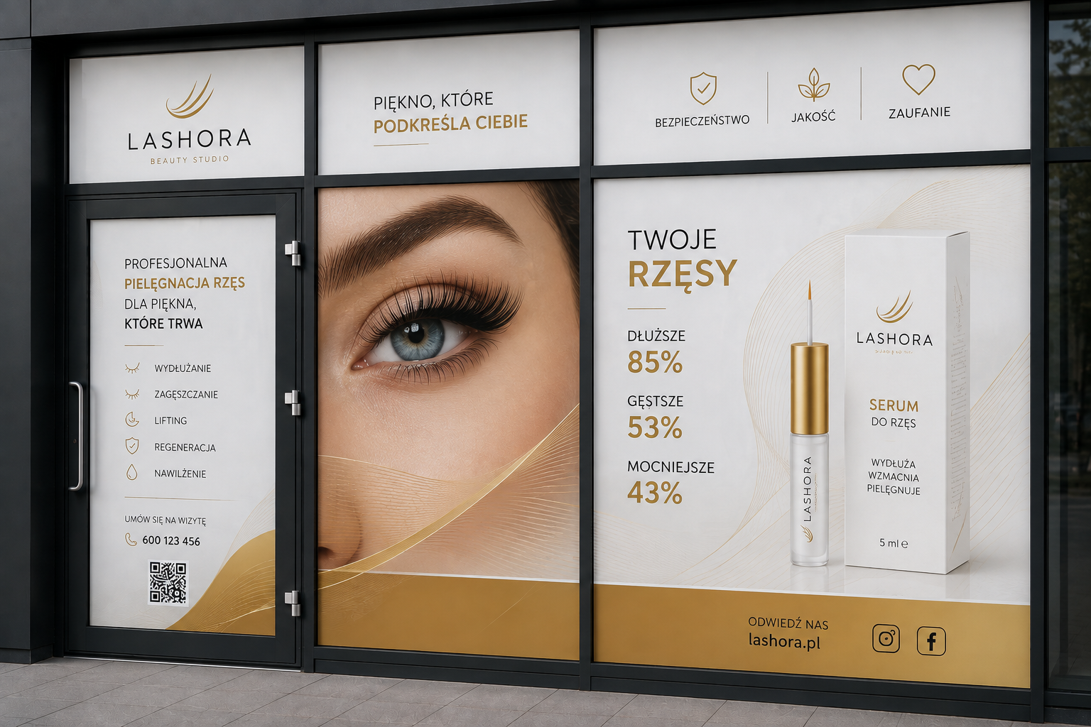 Eleganckie oklejanie witryny studia stylizacji rzęs Lashora Beauty Studio w Białymstoku